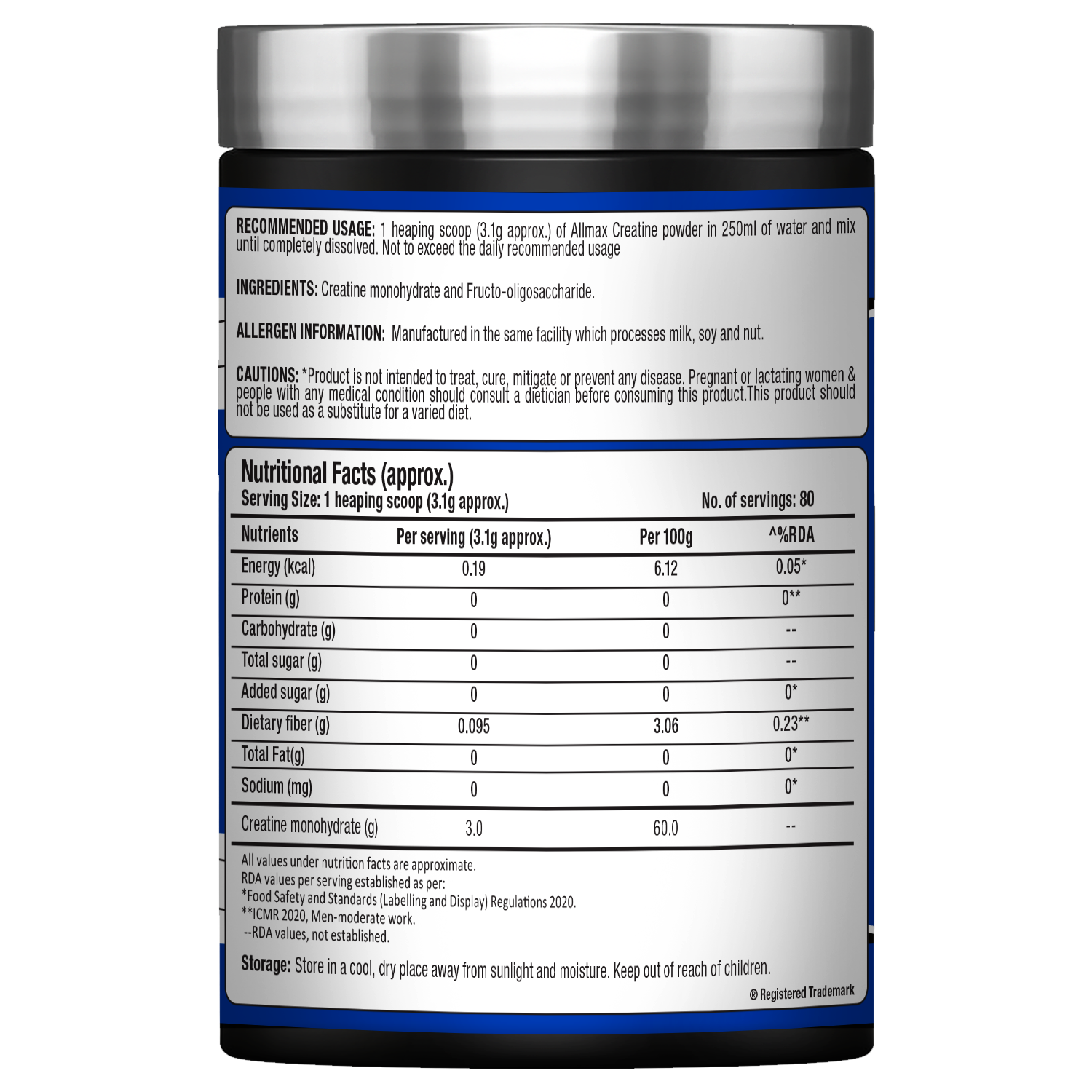 ALLMAX™ Creatine Monohydrate Powder– 250g | 3.0 g Creatine Monohydrate Per Serving